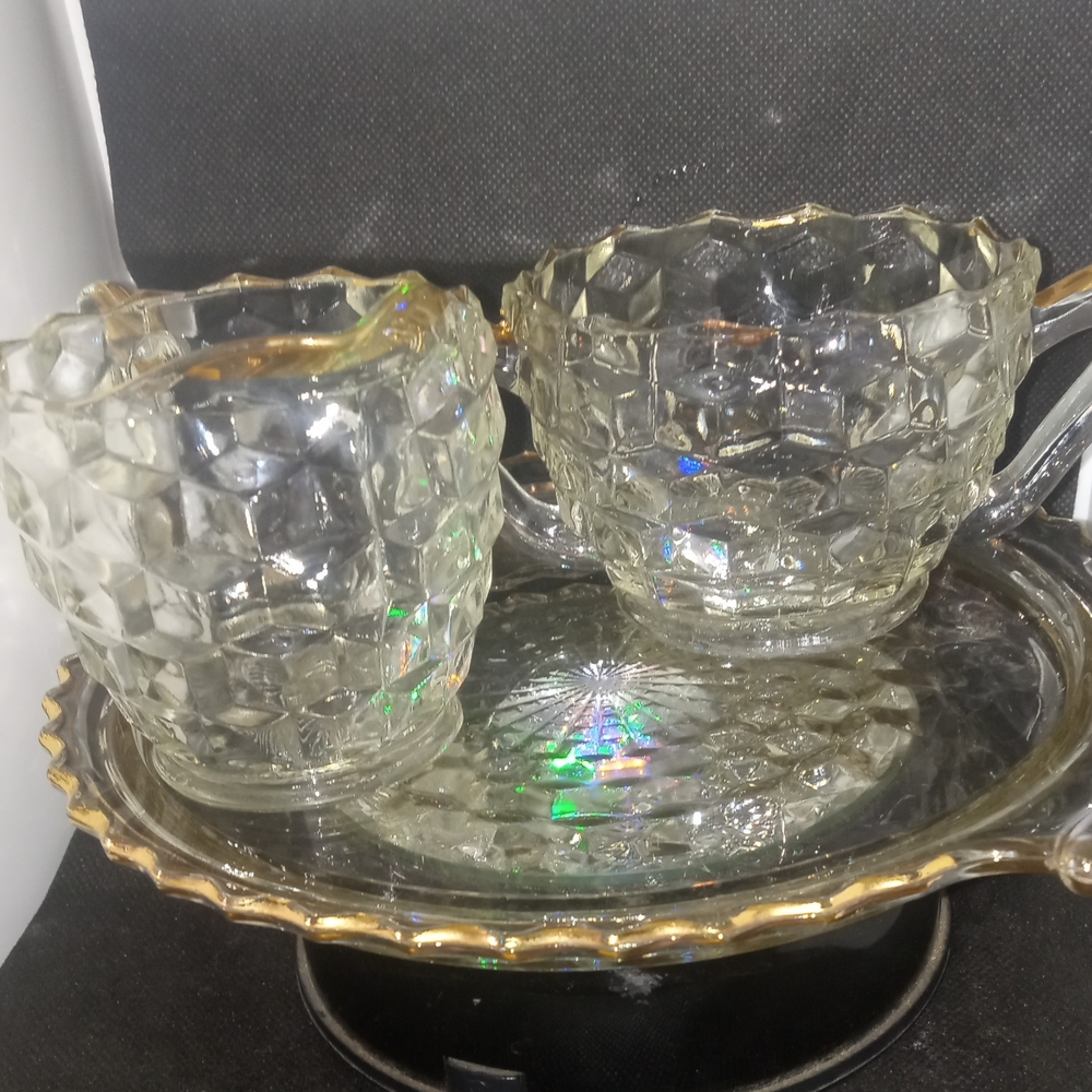 Elegant Glass Creamer and Sugar Set with Gold Trim 1930 S Jeanette Cube Style
